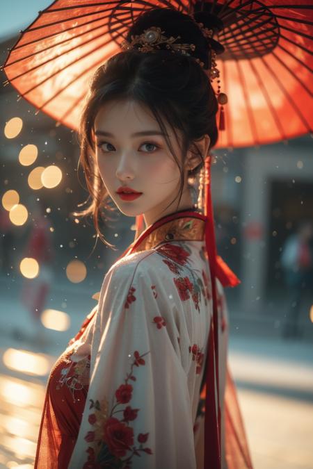 37488-4033206512-Warm Snow,1girl,solo,umbrella,oil-paper umbrella,blurry,looking at viewer,hair ornament,red lips,upper body,black hair,chinese c.png